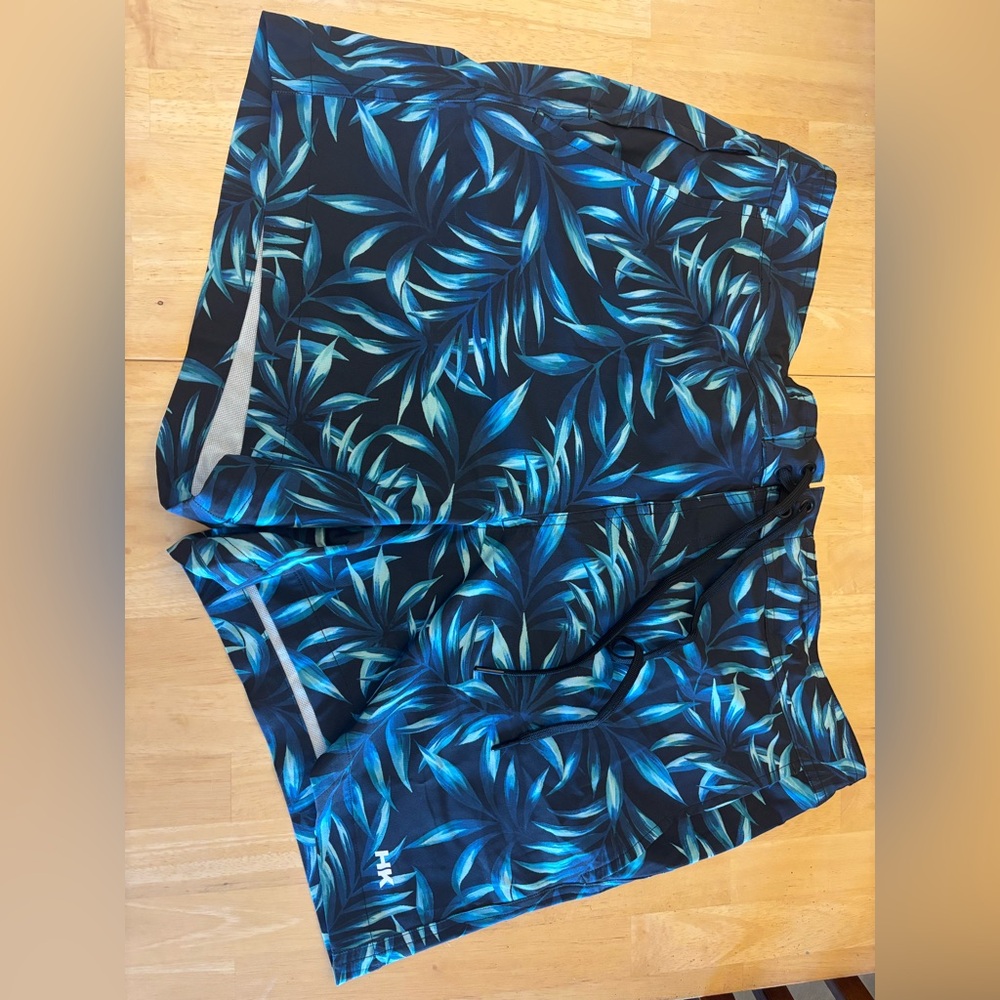 Blue Leaf Print Swim Shorts